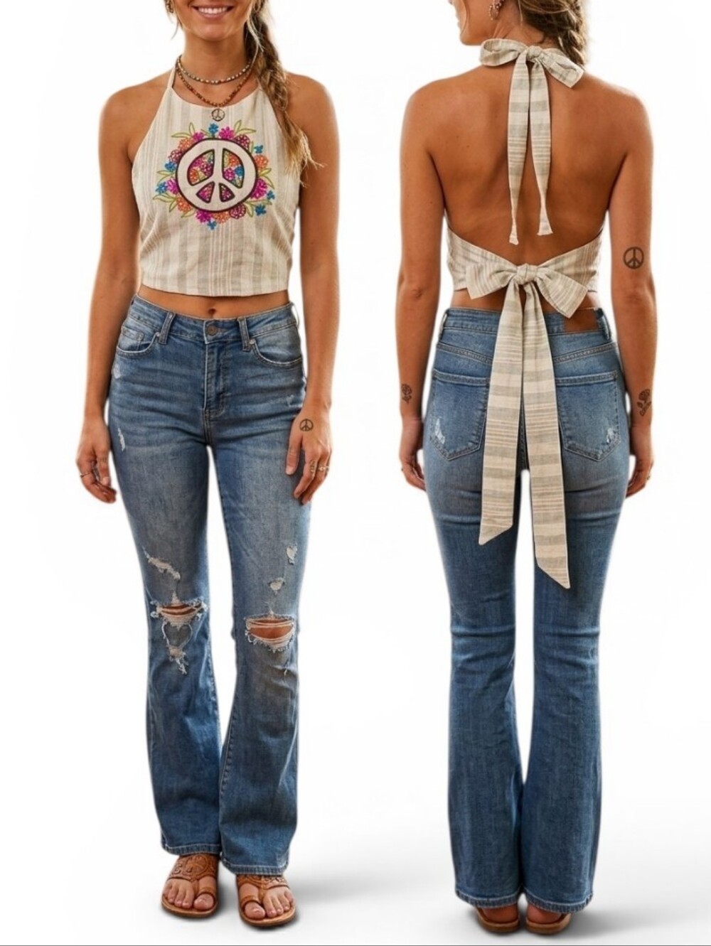 Lakhays Wylder Trading Co Boho Hippie Embroidered Peace Sign Striped Halter Crop